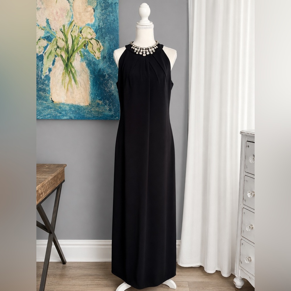 Tahari Arthur S Levine Black Jeweled Neck Maxi Evening Dress Size 10 Cocktail